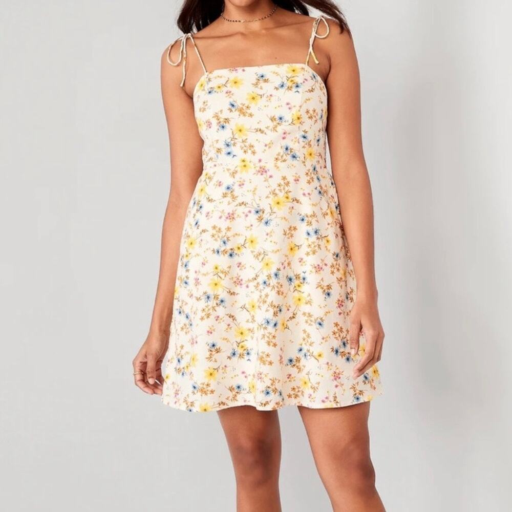 Old Navy Floral Linen Blend Smocked Mini Dress Women's XL White Yellow